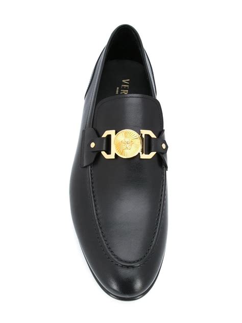 versace collection black leather metal rivets strap loafer shoes|versace slippers.